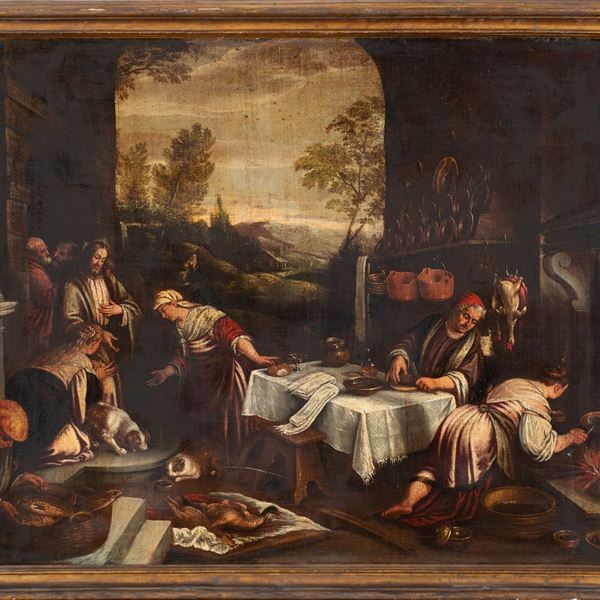 da Jacopo Da Ponte detto Jacopo Bassano : Cristo in casa di Santa Marta e Santa Maria Maddalena  - Olio su tela entro antica cornice in legno dorato ad argento e mecca - Auction Antiquariato, Dipinti antichie e del XIX secolo - Blindarte Casa d'Aste