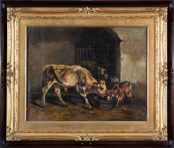 Filippo Palizzi - a) Mucca e caprette entro una stalla; b) Interno rustico con asinello e mamma con bambino