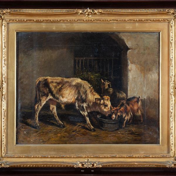 Filippo Palizzi - a) Mucca e caprette entro una stalla; b) Interno rustico con asinello e mamma con bambino