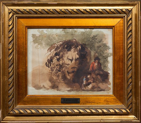attr. a Filippo  Palizzi (Vasto 1818 - Napoli 1899) - Studio con testa di leone e viandanti