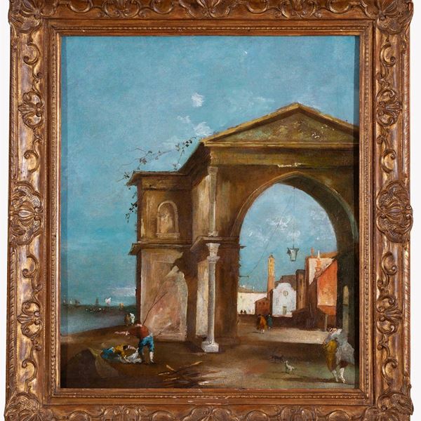 Seguace di Francesco Guardi : Capriccio con figure  - olio su tela - Asta Antiquariato, Dipinti Antichi e del XIX secolo - Blindarte Casa d'Aste