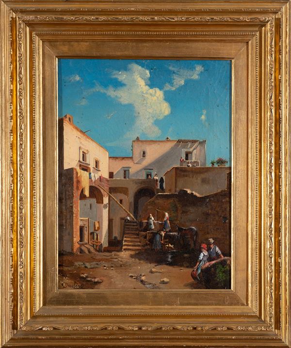 Teodoro Ducl&#232;re (Napoli 1816 - ivi 1869) - Interno di un cortile in Costiera