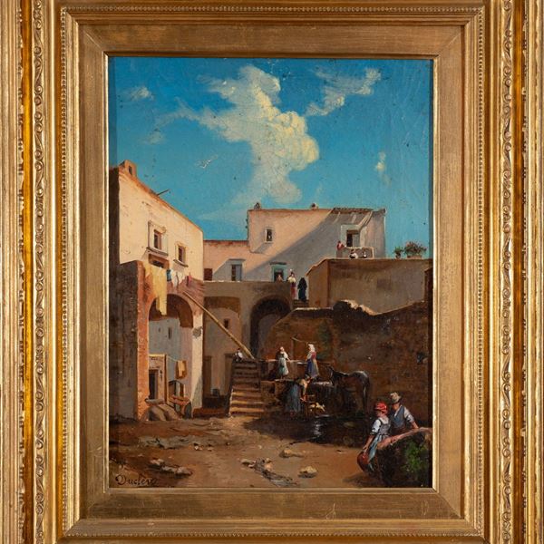 Teodoro Ducl&#232;re (Napoli 1816 - ivi 1869) - Interno di un cortile in Costiera