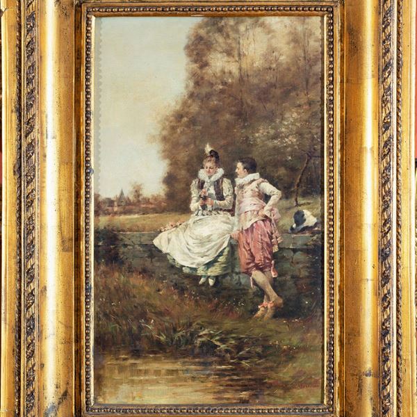 Scuola francese, XIX secolo : Confessioni tra innamorati  - Olio su tela - Asta Antiquariato, Dipinti Antichi e del XIX secolo - Blindarte Casa d'Aste