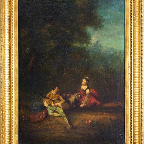 Scuola francese, XIX secolo - a) Serenata nel bosco; b) Innamorati nel bosco