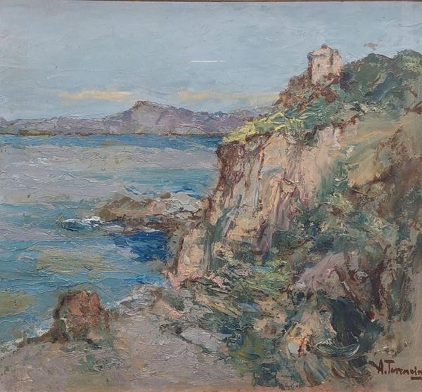 Arturo  Bacio Terracina (Napoli 1882 - 1951) : Veduta costiera  - oil on cardboard pressed  - Auction Paintings, Drawings, Gouaches and Sculptures from the 19th and 20th centuries - Blindarte Casa d'Aste