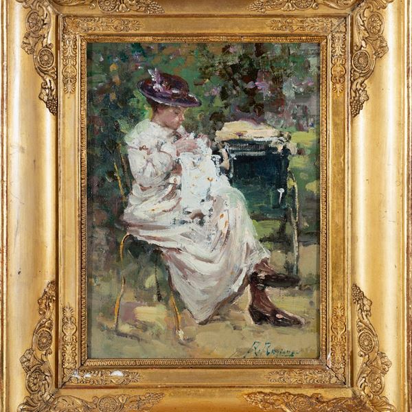 Raffaele Ragione (Napoli, 1851 - 1925) - Donna al parco