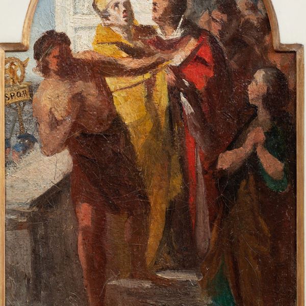 Scuola napoletana, met&#224; XIX secolo - Bozzetto per una pala d'altare raffigurante San Gennaro e San Procolo all'Anfiteatro di Pozzuoli