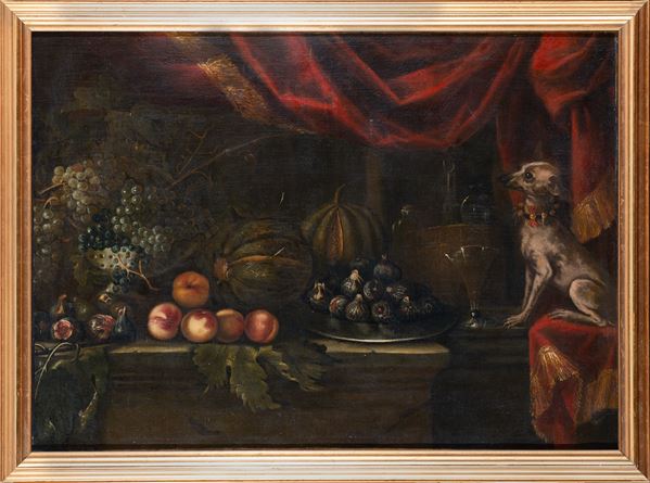 cerchia di Francesco Fieravino detto il Maltese - Frutti vari e un piatto di fichi su un piano con un cane davanti ad una tenda