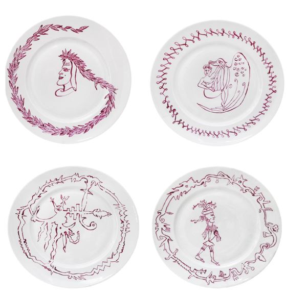 Luigi Ontani - Lotto unico composto da n. 4 piatti in porcellana dipinti a mano