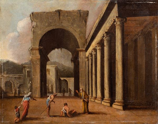 Scuola napoletana, met&#224; XVII secolo - a)Il miracolo di San Pietro b) Piazza di Roma con portici e tempio sullo sfondo