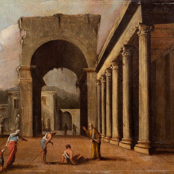 Scuola napoletana, met&#224; XVII secolo - a)Il miracolo di San Pietro b) Piazza di Roma con portici e tempio sullo sfondo