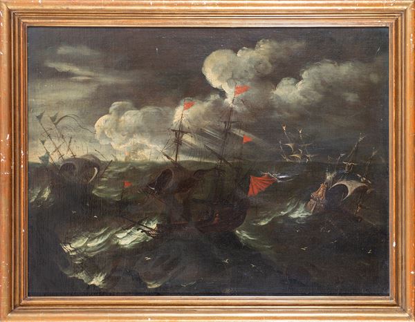 attribuito ad Agostino   Tassi (Ponzano Romano,1580 &#8211; Roma,1644) - Imbarcazioni durante una tempesta in mare