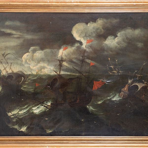 attribuito ad Agostino   Tassi (Ponzano Romano,1580 &#8211; Roma,1644) - Imbarcazioni durante una tempesta in mare