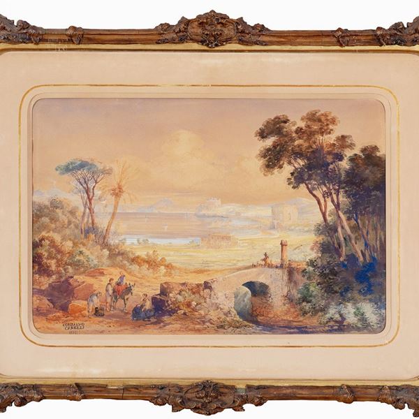 Consalvo Carelli (Napoli, 1818  - 1900) - Paesaggio di campagna con viandanti nei pressi di un ponte