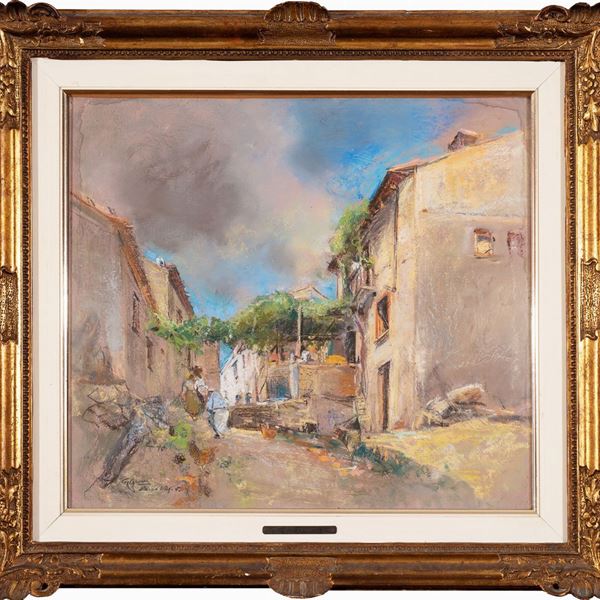 Giuseppe Casciaro (Ortelle,  1863 - Napoli, 1941) : Piccola strada di paese con case  - tecnica mista su carta - Auction Antiquariato, Dipinti antichie e del XIX secolo - Blindarte Casa d'Aste