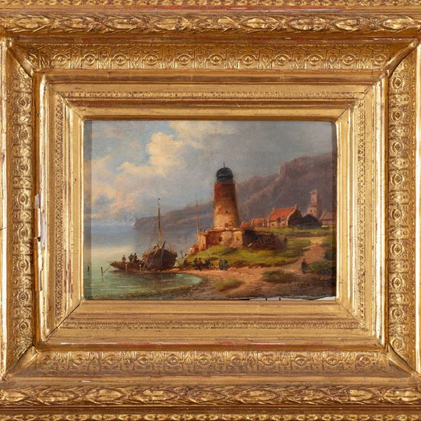 Giuseppe Carelli - Marina con molo, faro e barca con pescatori