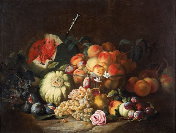 Abraham  Brueghel (Anversa, 1631 &#8211; Napoli, 1697) - Uva, fichi, anguria con un coltello d'argento, pesche ed altri frutti in un bacile con una rosa su un piano en plain air