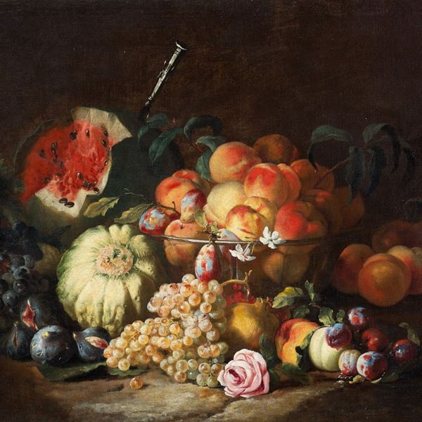 Abraham  Brueghel (Anversa, 1631 &#8211; Napoli, 1697) - Uva, fichi, anguria con un coltello d'argento, pesche ed altri frutti in un bacile con una rosa su un piano en plain air