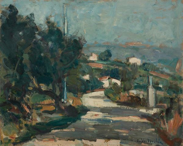 Carlo Verdecchia (1905 - 1984) : Paesaggio d'Abruzzo  - Olio su cartone - Auction 19th Century Painting and Sculptures - Blindarte Casa d'Aste