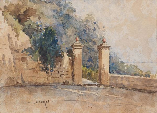 Nicolas De Corsi : Ingresso in villa  - acquerello su cartoncino - Auction Paintings, Drawings, Gouaches and Sculptures from the 19th and 20th centuries - Blindarte Casa d'Aste