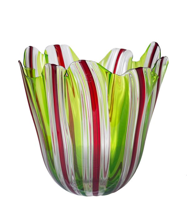 Fulvio Bianconi per Venini : Vase Green grass, red and crystal  (2023)  - Murano glass blown and worked by hand - Auction Design and Art Objects - Blindarte Casa d'Aste