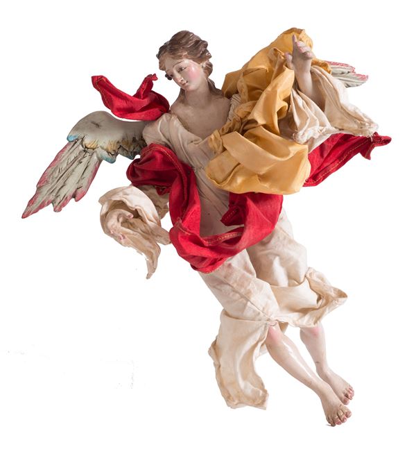 Scuola napoletana fine XIX secolo : Angelo con vestitura beige e drappi gialli e rossi  - Auction ANTIQUES, OLD AND 19TH CENTURY PAINTINGS - Blindarte Casa d'Aste
