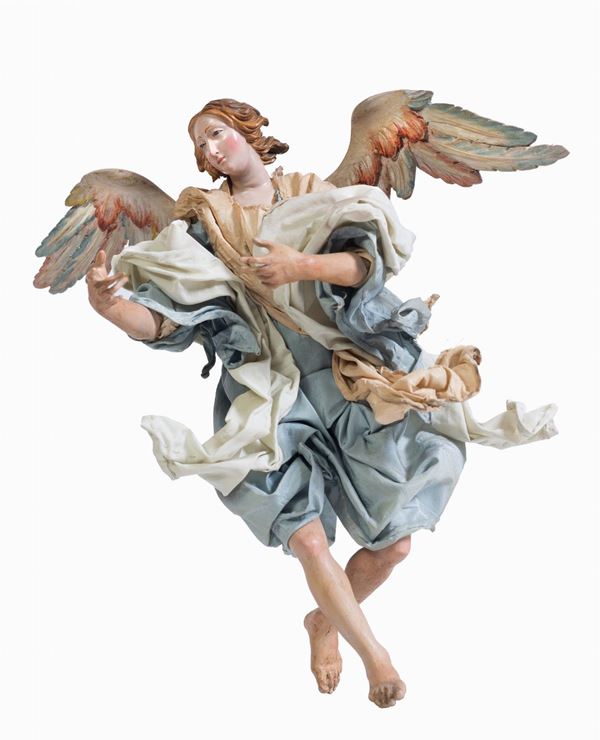 Scuola napoletana, fine XVIII  inizi XIX secolo : Angelo con vestitura e drappi azzurri  - Asta Antiquariato, Dipinti antichi e del XIX secolo - Blindarte Casa d'Aste