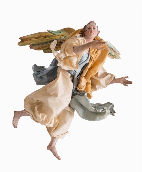 Scuola napoletana, fine XVIII  inizi XIX secolo : Angelo con vestitura beige e svolazzi azzurro, celeste e ocra  - Asta Antiquariato, Dipinti antichi e del XIX secolo - Blindarte Casa d'Aste