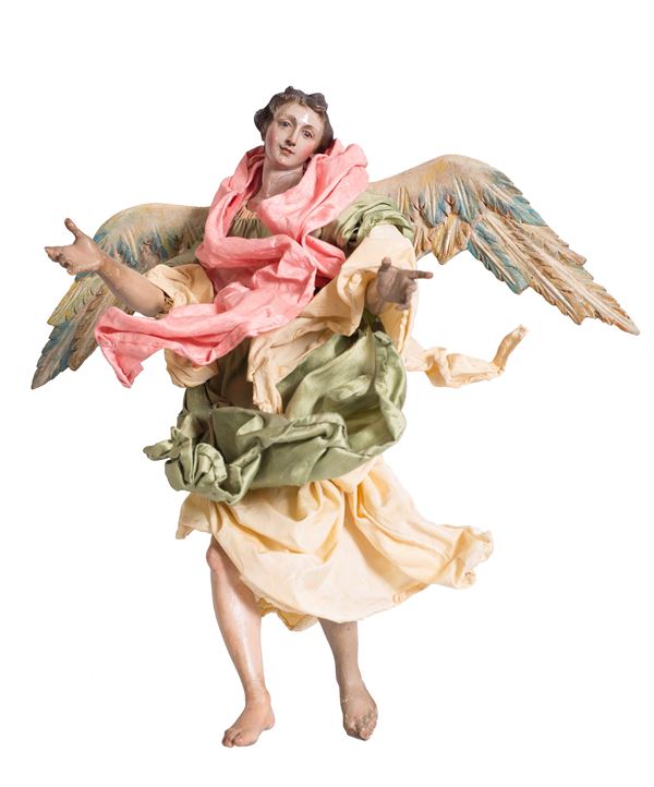Scuola napoletana, fine XVIII  inizi XIX secolo - Angel with green dress and pink and gold drapes
