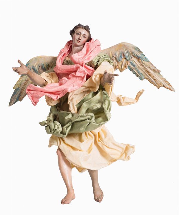 Scuola napoletana, fine XVIII  inizi XIX secolo : Angel with green dress and pink and gold drapes  - Auction ANTIQUES, OLD AND 19TH CENTURY PAINTINGS - Blindarte Casa d'Aste