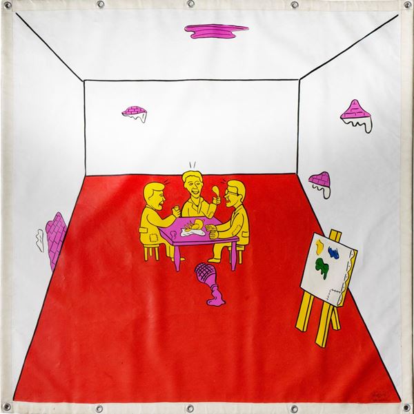 Plumcake : Uomini a tavola  (1992)  - Acrilico su telone in PVC - Asta Arte Moderna e Contemporanea - Blindarte Casa d'Aste