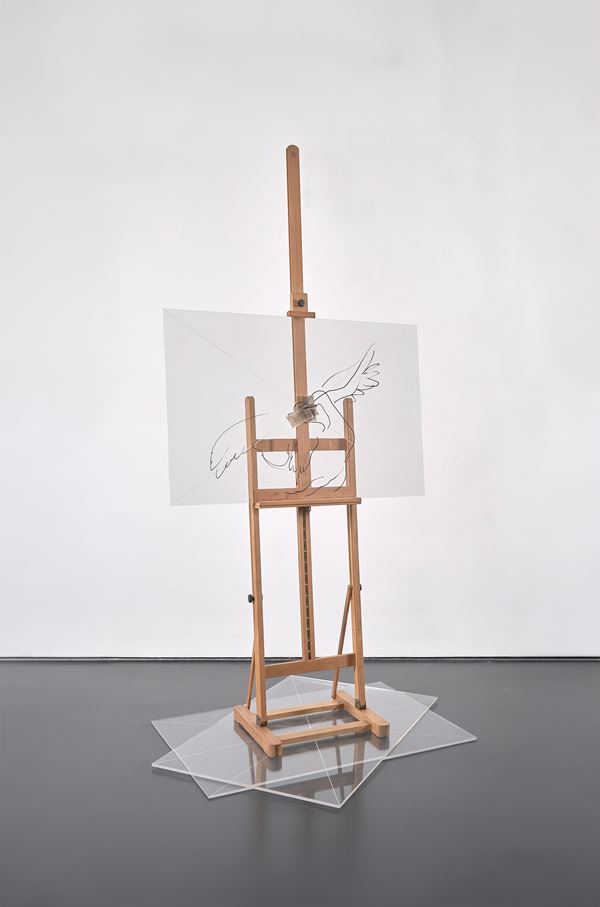 Giulio Paolini : Le Cygne Noir  (1993-94)  - Cavalletto, inchiostro nero su plexiglas, negativi fotografici, matita nera e lastre di plexiglas in - Asta Arte Moderna e Contemporanea - Blindarte Casa d'Aste