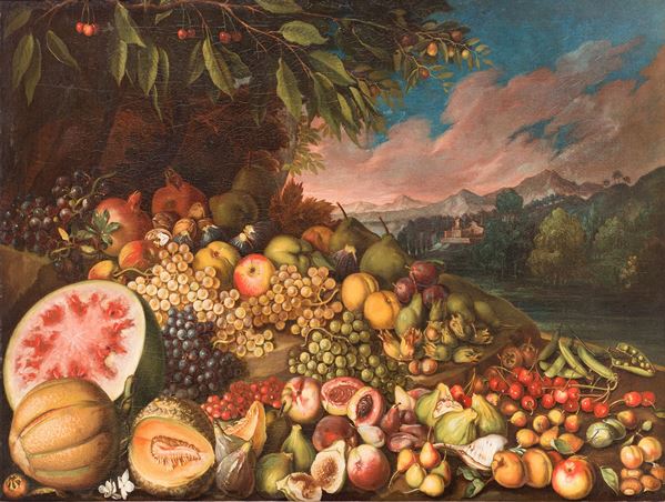 Anguria, melone, fichi e altri frutti su un piano en plein air
