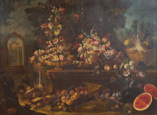 Trionfo di fiori e frutta con animali da cacciagione entro ricco giardino 