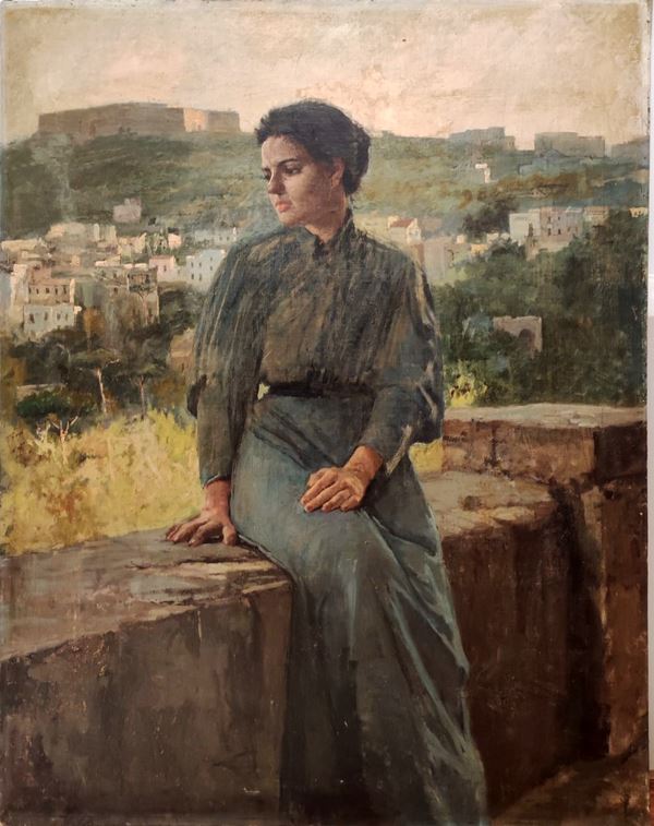 Scuola napoletana, fine XIX - inizi XX secolo - Figura di donna lungo il Petraio