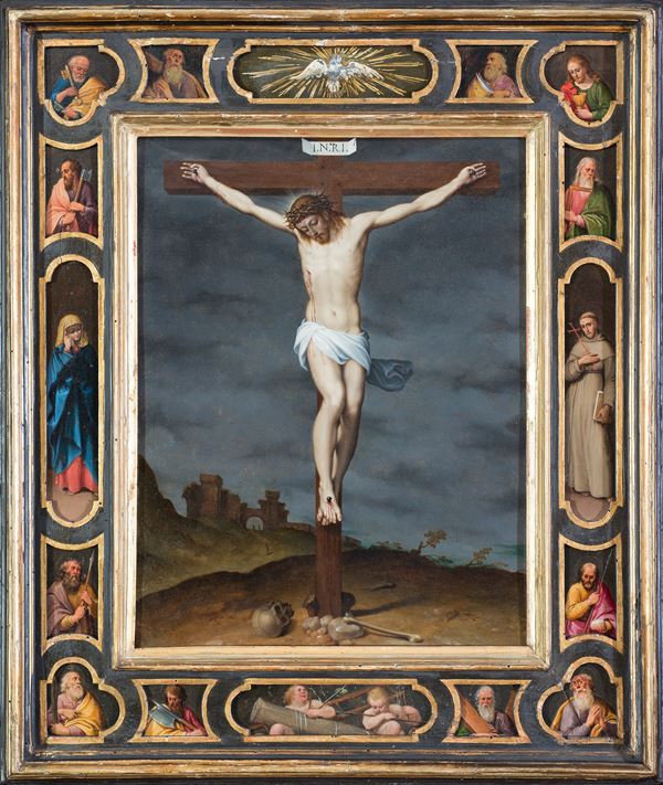 Scuola dell'Italia centrale, ultimo quarto del XVI secolo : Crocifissione  - oil on copper - Auction ANTIQUES, OLD AND 19TH CENTURY PAINTINGS - Blindarte Casa d'Aste