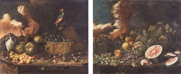 a) Un orcio, una cesta di fichi, angurie e frutti vari con un pappagallo su un ramo en plain air, ;  [..]