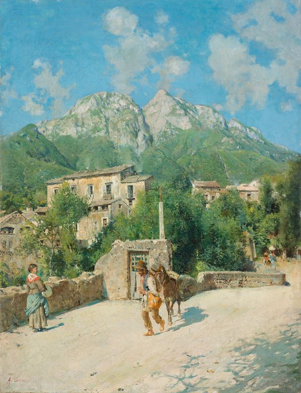 Alceste Campriani (Terni 1848 - Lucca 1933) : Contadini in una strada di Capri  - Oil on canvas - Auction ANTIQUES, OLD AND 19TH CENTURY PAINTINGS - Blindarte Casa d'Aste