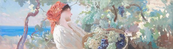 Mario  Borgoni (Pesaro, 1869 &#8211; Napoli, 1936) : Autunno  (1920)  - Tempera su cartone applicata su telaio in legno - Asta Oggetti d'arte, importanti dipinti antichi e dipinti del XIX-XX secolo - Blindarte Casa d'Aste
