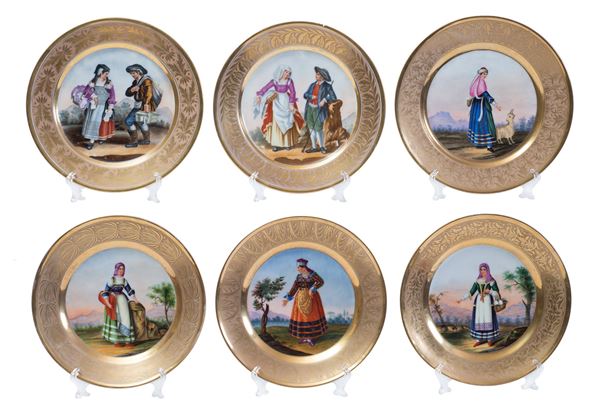 Manifattura francese dipinta a Napoli, 1830 ca - Six plates in polychrome porcelain