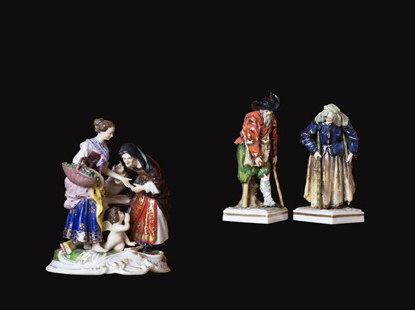 Meissen, XIX secolo - Unique lot of two figurines and a plastic group in polychrome porcela in