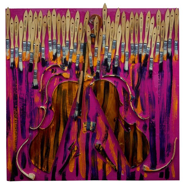 Arman : Untitled  (2003)  - Elementi di violino, pennelli e pittura acrilica su tela - Asta Arte Moderna e Contemporanea - Blindarte Casa d'Aste