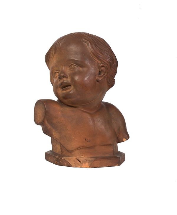 Scuola romana fine XVIII inizi XIX secolo : Testa di putto  - busto in terracotta - Asta Antiquariato, Dipinti antichi e del XIX secolo - Blindarte Casa d'Aste