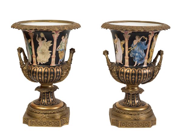Napoli, fine XIX secolo - Coppia di vasi a cratere biansati