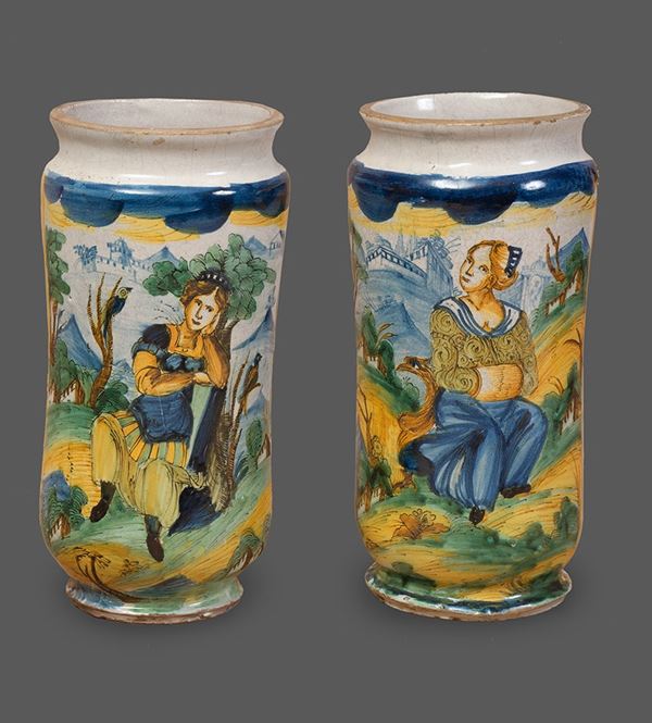 Bottega di  Francesco Paolo Brandi, ultimo quarto XVII secolo : Coppia di albarelli policromi con figure femminili entro paesaggio  - Auction ANTIQUES, OLD AND 19TH CENTURY PAINTINGS - Blindarte Casa d'Aste