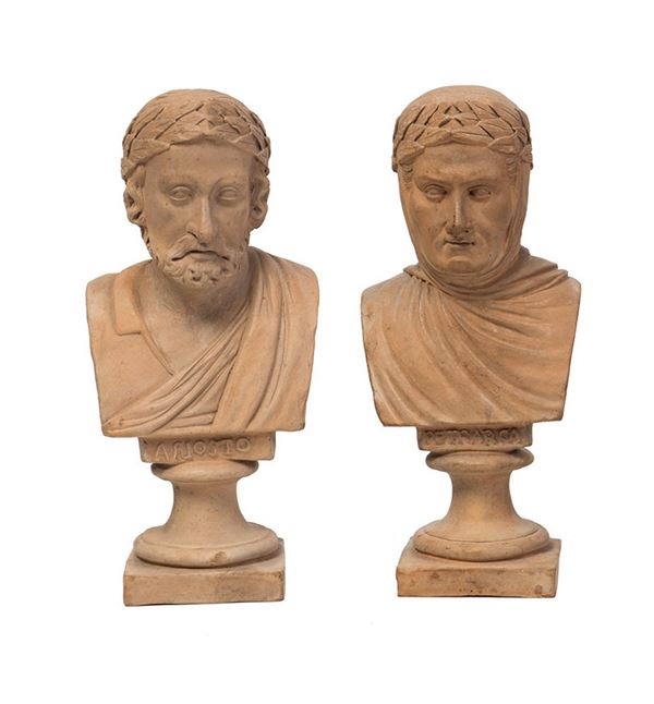 Manifattura Giustiniani, prima met&#224; del XIX secolo : a) Francesco Petrarca; b) Ludovico Ariosto  - coppia di bustini in terracotta - Asta Antiquariato, Dipinti antichi e del XIX secolo - Blindarte Casa d'Aste