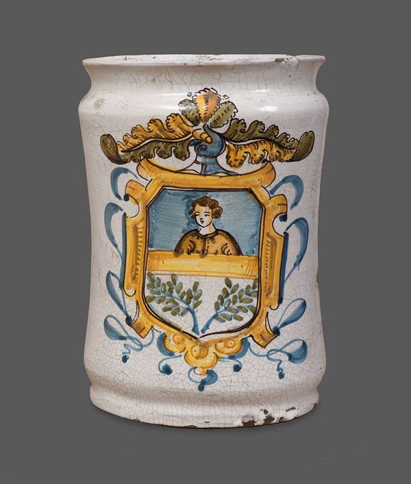 Napoli, fine XVIII secolo : Albarello compendiario con stemma non identificato  - Auction ANTIQUES, OLD AND 19TH CENTURY PAINTINGS - Blindarte Casa d'Aste