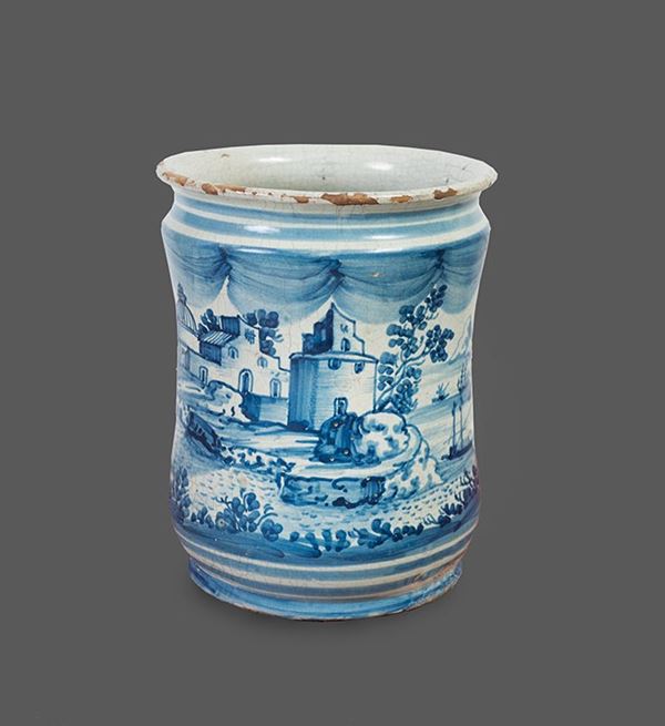Manifattura napoletana, XVIII secolo : Albarello con architetture entro paesaggio campestre  - in maiolica dipinta in bianco e blu - Asta Antiquariato, Dipinti antichi e del XIX secolo - Blindarte Casa d'Aste