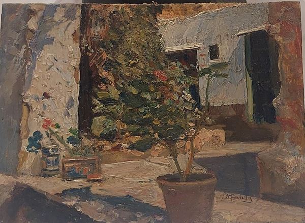 Attilio  Pratella : Scorcio di un cortile fiorito  - Olio su tavola - Asta Dipinti e sculture del XIX secolo - Blindarte Casa d'Aste